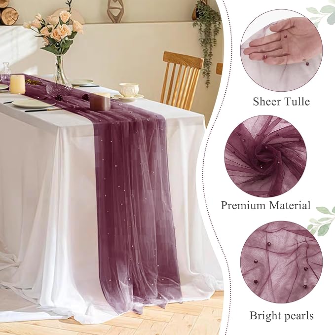 Set of 6 Pearl Table Runner 29 x 120 Inch Tulle Fabric Lace Table Runners for Bridal Shower Birthday Party Wedding Arch Dessert Table Decor(Burgundy)