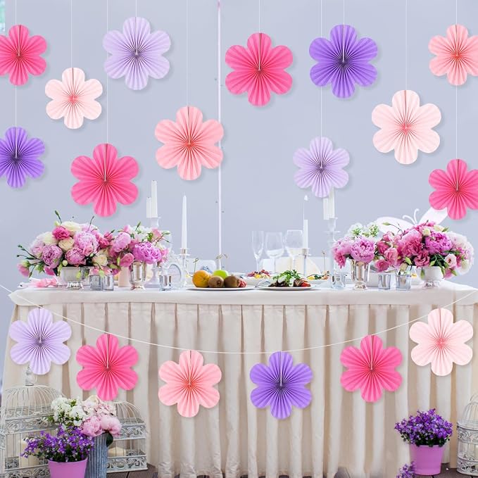 DODOKIM Paper Fans Party Decorations Paper Flowers Decorations for Wall Floral Backdrop Classroom Baby Shower Birthday Party Flower Wall Decor Pack of 18 Pink Purple
