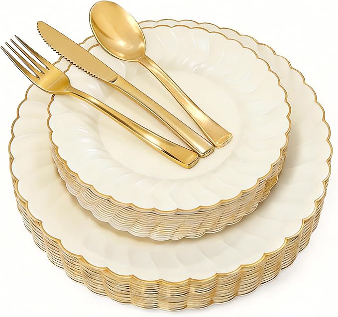 Ivory Disposable Plastic Plates 125pcs Scalloped Gold Rim for 25 Guests | Includes 25 Dinner and Dessert Plates 75 Gold Cutlery Elegant Tableware for Wedding Birthday Baby Shower Valentine Parties