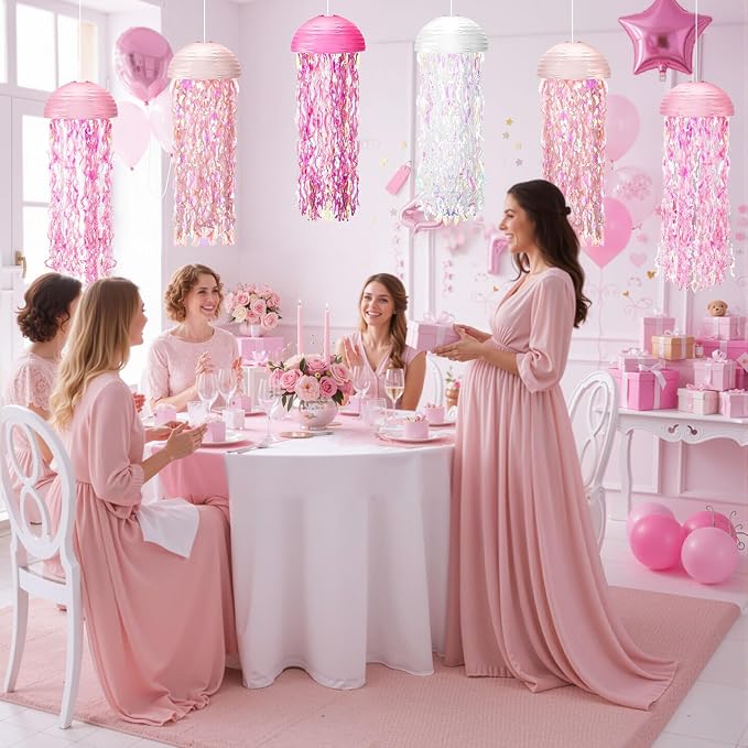 Baquler Set of 12 Jellyfish Paper Lanterns 10 Inch Semicircle Lanterns Hanging Decoration for Mermaid Sea Ocean Birthday Party Decorations(White, Pink, Rose Red, Peach)