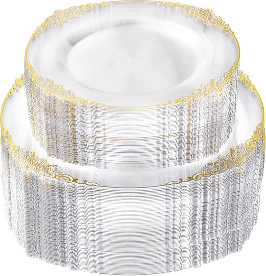 Bestluck 200 PCS Clear and Gold Plastic Plates for 100 Guests, Elegant Clear Disposable Plates with Gold Trim, Include 100 PCS Dinner Plates, 100 PCS Dessert Plates for Party, Birthday and Graduation