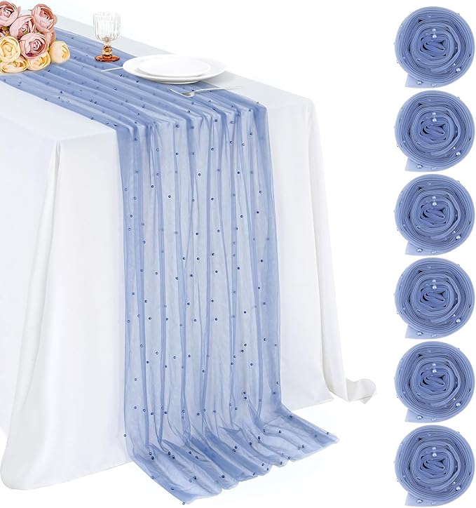 6 Pack Pearl Tulle Table Runner 29x120 Inch Boho Gauze Table Runner Rustic Cheese Cloth Long Table Runner Romantic Runners for Wedding Bridal Shower Birthday Party Table Decor (Dusty Blue)