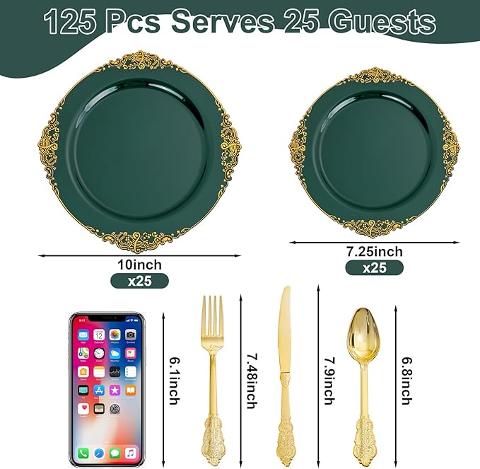 125PCS Green Plastic Plates - Green and Gold Disposable Plates - Fancy Vintage Plate with Gold Plastic Silverware Set for 25 Guests for Party Wedding Holiday