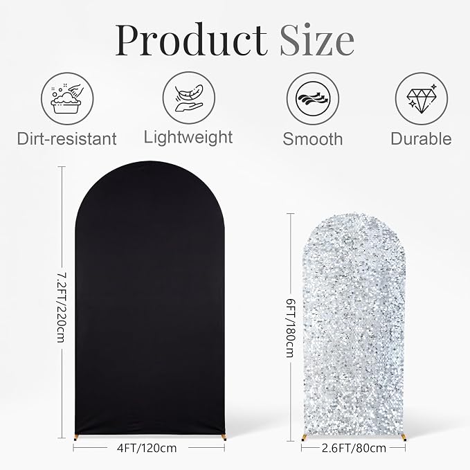 Black and Silver Arch Covers 7.2 and 6FT Sequin Arch Backdrop Cover Set of 2, Spandex Fitted Bling Sequin Arch Stand Covers for Birthday Party Ceremony Baby Shower Banquet Decoration