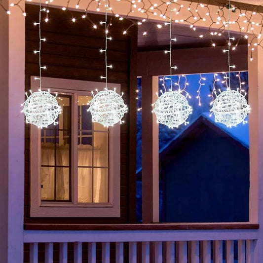 Outdoor Christmas Balls Lights 4 Pack Hanging 7.1" LED Garden Sphere Tree Lights 8 Modes Waterproof Glow Globe Light with Memory Timer Plug for Yard Porch Eave Patio Home Bedroom Decoration-Cool White