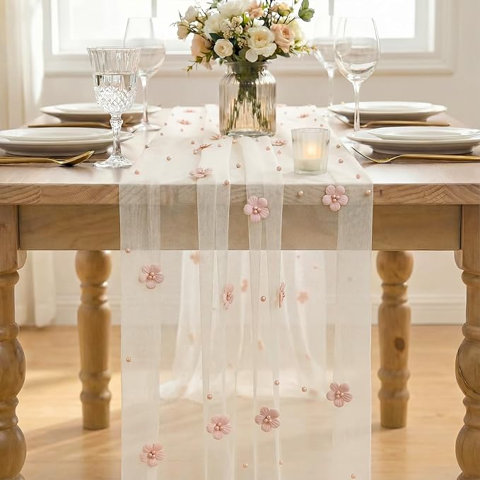 Artoid Mode Pink Flower Pearl White Gauze Table Runner 10FT 6PC, Seasonal Sheer Dining Holiday Wedding Birthday Baby Shower Table Decor for Home Party