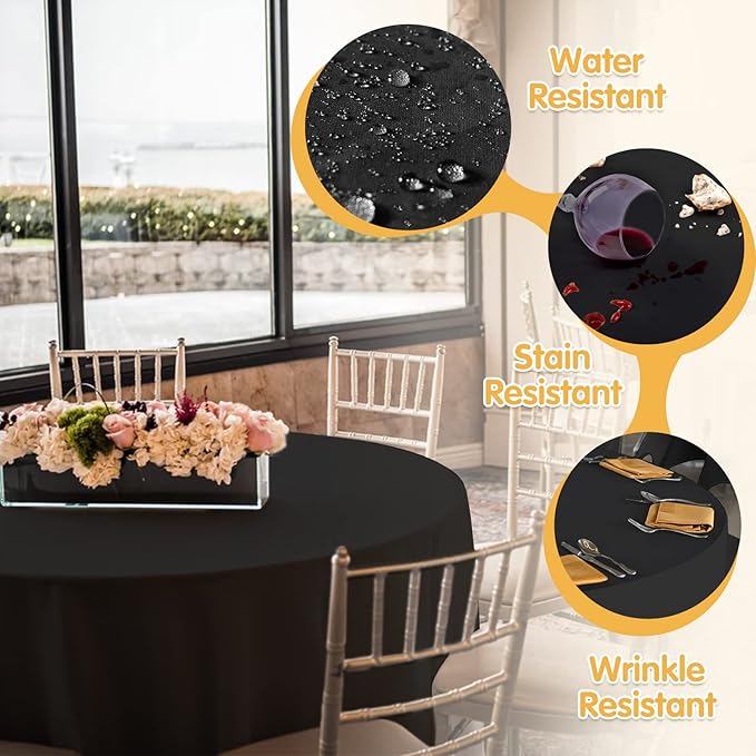 BRILLMAX 8 Pack Black Round Tablecloths 90 Inch for 60” Tables - 150 GSM Polyester Fabric, 15" Standard Drop, Water, Stain & Wrinkle Resistant Cloth Cover for Wedding Reception Banquet Dining