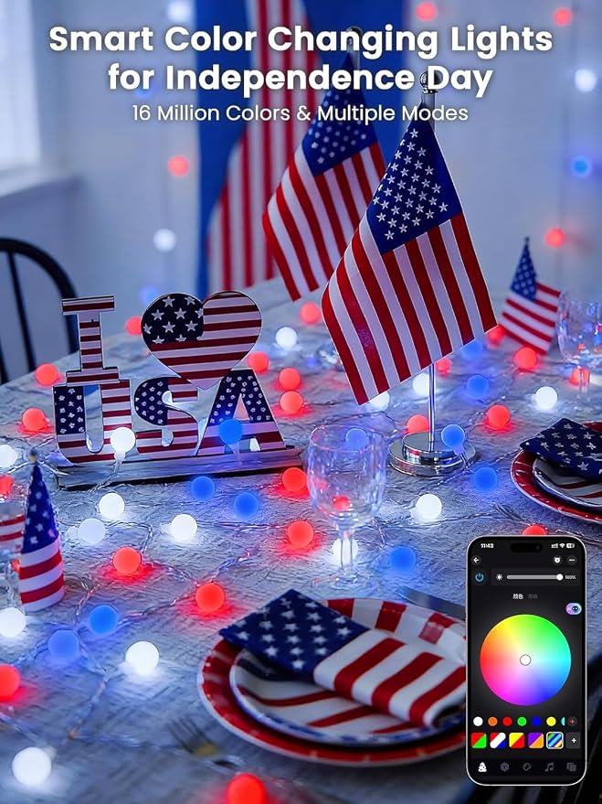 2026 78ft Smart Color Changing Red White and Blue String Lights Outdoor Indoor | 200LED 4th of July Decorations App Control with Remote, Globe Patriotic Light Plug in for Independence Day Memorial Day