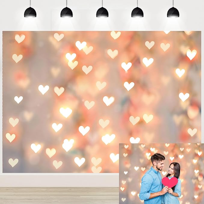 Romantic Heart Anniversary Backdrop 7x5ft Gold Heart Light Home Decorations for Couples Date Night Wedding Engagement Birthday Party Photo Booth Background (82x59inch)