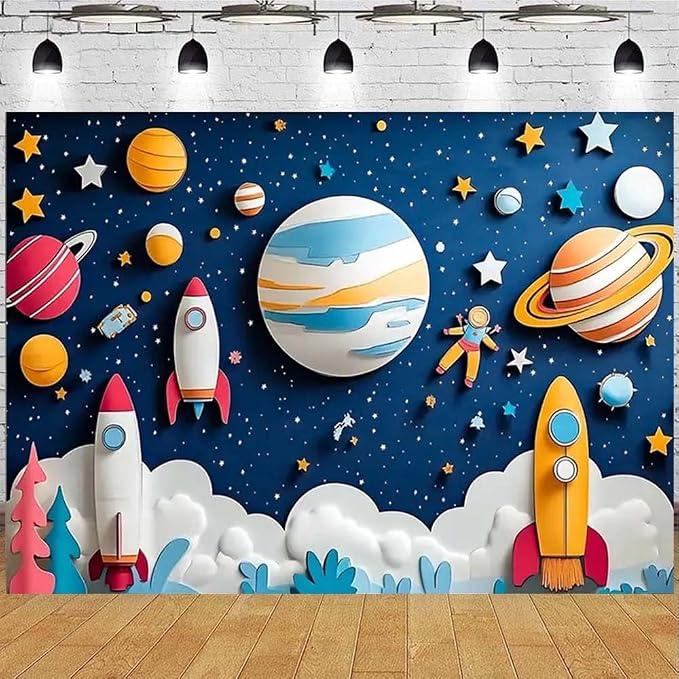 Outer Space Birthday Backdrop Cartoon Rocket and Planets Photography Banner Universe Galaxy Stars Boy Girl Newborn Baby Shower Background First Birthday Backdrop for Boys (A, 5x3feet)