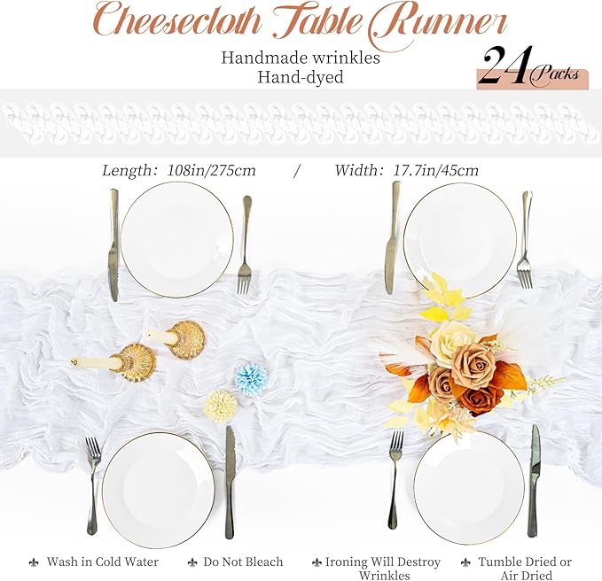 24 Packs White Table Runner, Charming Cheesecloth Table Runner 17 x 108inch, Gauze Boho Wedding Decoration Rustic Sheer Fabric Cheese Cloth Table Runners for Wedding Party Bridal Shower
