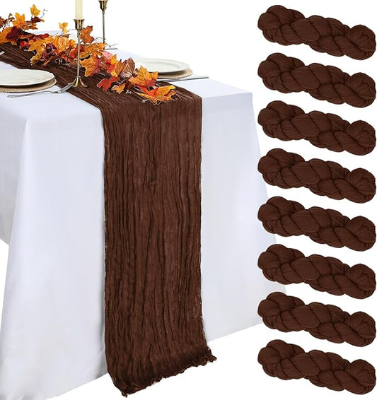 8 Pack Table Runner Brown Cheesecloth 10ft Boho Gauze Fabric 120 Inch Cheese Cloth Table Runner Rustic Sheer for Holiday Baby Shower Party Décor Home Wedding Decoration