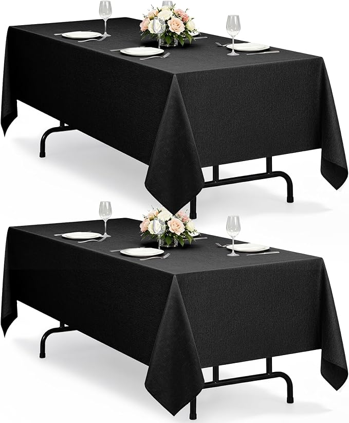 Decorelia Washable Black Table Cloths for Rectangle 8 Ft Table-2 Pack, Waterproof Polyester Rustic Fabric Faux Linen Reusable Table Cloth Cover for Wedding,Outdoor,Events, Party,Dining, 60x120 Inch