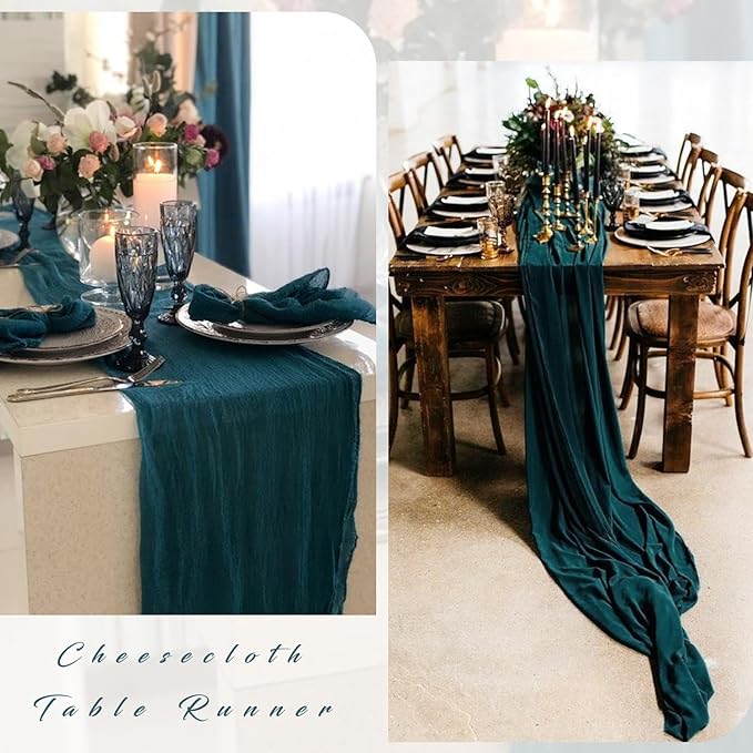 Teal Cheesecloth Table Runner 10FT Runner for Tables Gauze Fabric Boho Table Runner Decoration Rustic Sheer Runner for Wedding Shower Birthday Party Table Arbor Decor (35 x 120 Inches Long)