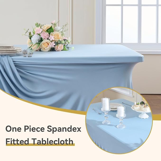 Outpain Dusty Blue Spandex Table Clothes for 6 Foot Rectangle Tables-6Pack 6FT Spandex Fitted Table Cover, Wrinkle Free Tablecloths with Skirt for Parties, Wedding, Birthday, Banquet, Festival