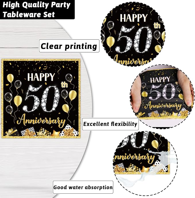 96 Pcs 50th Anniversary Party Paper Plate Napkin Fork Employee Career Wedding 50th Anniversary Gold Black Disposable Paper Dessert Dinner Tableware Fiftieth Anniversary Party Supplies Favors 24 Guests