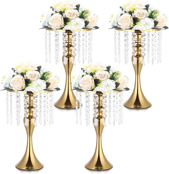 4 Pcs 13.5" Gold Metal Flower Vases for Wedding Table Centerpieces | Gold Finish with Crystal Drops, Durable Metal, for Party Anniversary Home Decor, Easy Assembly, Flowers Not Included