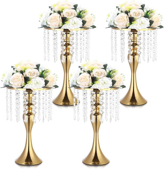 4 Pcs 13.5" Gold Metal Flower Vases for Wedding Table Centerpieces | Gold Finish with Crystal Drops, Durable Metal, for Party Anniversary Home Decor, Easy Assembly, Flowers Not Included