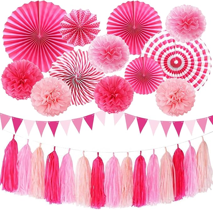 Hotpink Party Decorations Pink Girls Paper Fan Birthday Baby Shower Tissue Pom Poms Streamers Bachelorette Party Supplies Tassel Garland Banner Wedding Decor