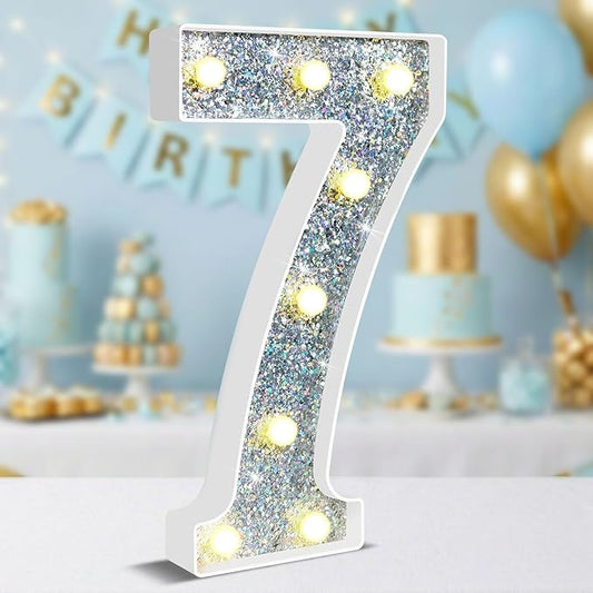 12.6 Inch LED Silver Marquee Light Up Numbers, 7th Birthday Decorations Number Lights as Gifts for Girls Boys, Glitter Lighted Marquee Numbers for Silver Anniversary Party Table Decor, 7
