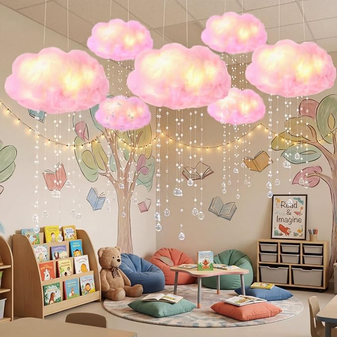 Marsui Artificial Cloud Props LED Hanging Cloud String Light Fake Imitation 3D Cotton Classroom School Decor Raindrop for Room Ceiling Baby Shower Party Wedding Nursery Wall DIY Decor (Pink,6 Pcs)