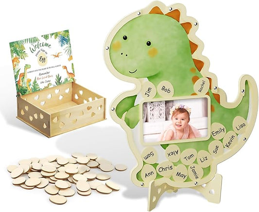 CUTHOLLOW Dinosaur Baby Shower Decorations - 104Pcs Wooden Baby Shower Guest Book Alternative Set, Dino Theme with Photo Frame, Storage Box, Stand, and 100 Egg Chips, Gift for Baby Shower or Birthday