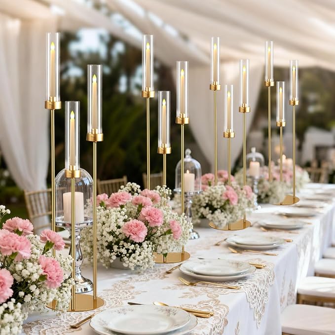 Vincidern 12pcs Candelabra 3 Arm, Wedding Centerpieces for Tables, 33.8'' Tall Candle Holder Gold Table Centerpieces for Wedding, Party, Event, with Acrylic Lampshade, Fit LED Taper Candles