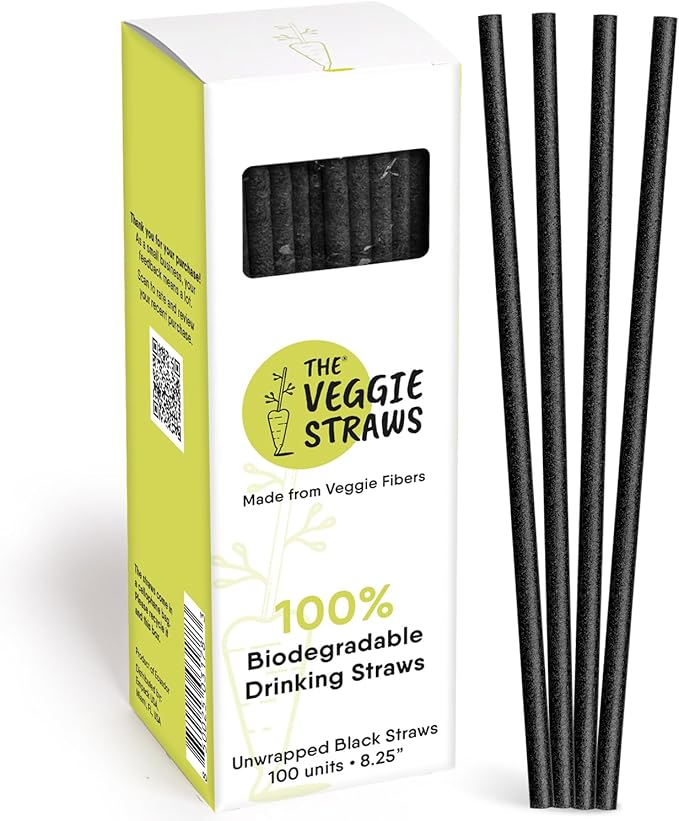 The Veggie Straws – 100 PCS of 8.25 Inches Unwrapped Biodegradable Black Straws – Made of Vegetable Fibers, Best Environment Friendly Drinking Straws for Hot and Cold Beverages