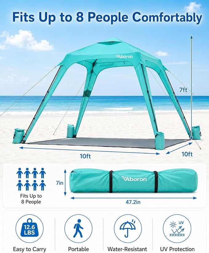 10x10 Beach Canopy with Side Wall, UPF 50+ Sun Shelter, Green | Removable side wall, UPF 50+ sun protection, easy setup, wind-resistant support, sandbags and carry bag.