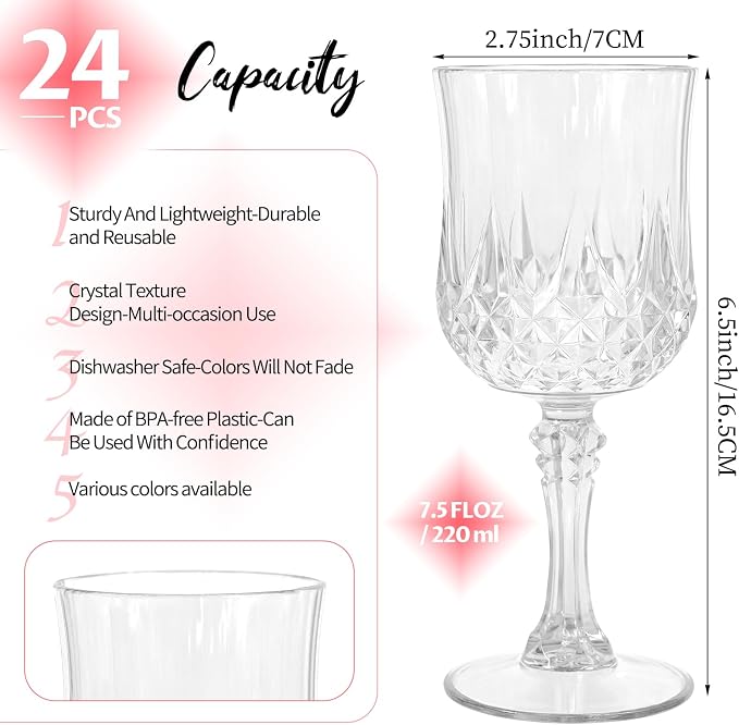 24Pack Transparent Plastic Wine Glasses,Vintage Plastic Goblets for Parties, Transparent Drinking Glasses Crystal Water Goblets Reusable for Wedding Reception, Grand Event Party Supplies