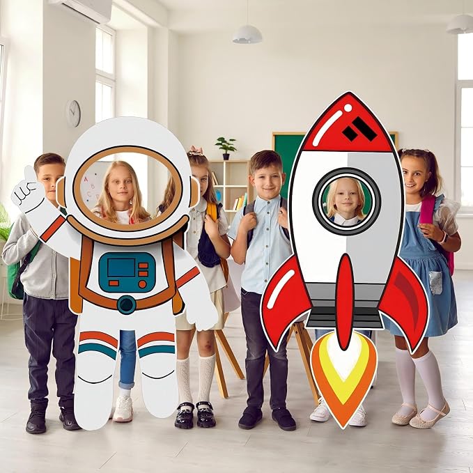 2 Pcs 3.94 ft Space Photo Booth Prop Rocket Astronaut Life Size Cardboard Cutout Stand up Backdrop Rocket Cardboard for Space Birthday Party Decoration Science Event Display