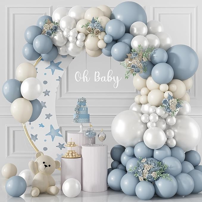 Dusty Blue and White Balloon Arch, Slate Blue Pearl White Ivory Balloon Garland, Different Sizes 18/12/10/5 Inch for Baby Shower Gender Reveal Bridal Shower Wedding Birthday Party Decorations