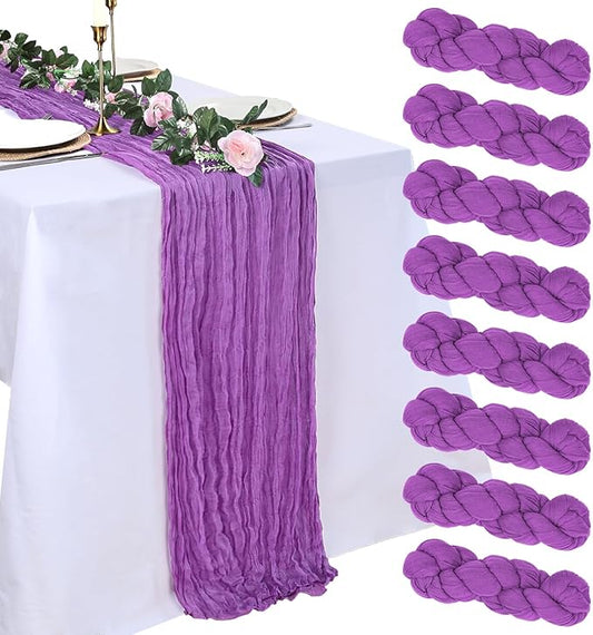 8 Pack Purple Cheesecloth Table Runner 10ft Boho Gauze Fabric 120 Inch Cheese Cloth Table Runner Rustic Sheer for Spring Holiday Baby Shower Party Décor Home Wedding Decoration
