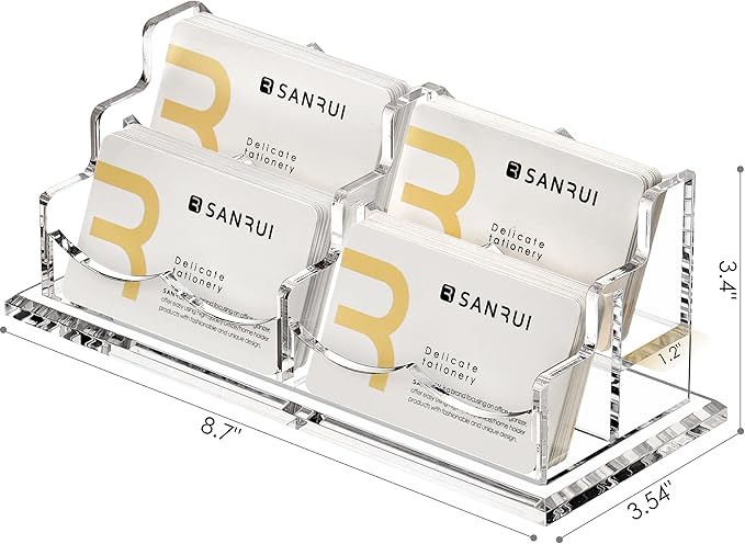SANRUI Clear Horizontal Business Card Holder Stand for Desk, Acrylic Desktop Display Name Cards Holders Organizer Storage Rack,for Exhibition, Home, Office,2 Tier 4 Pocket, 240 Card Capacity