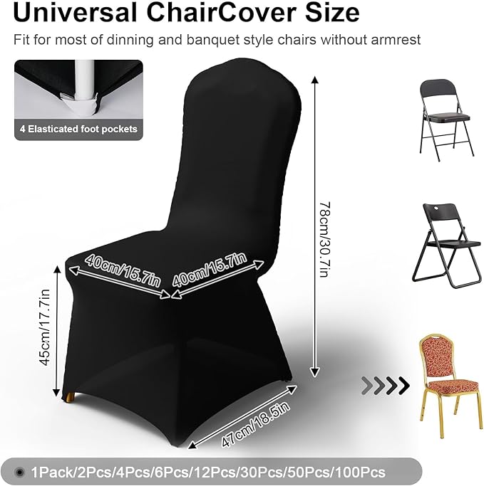 Trlyc 50 Pcs Spandex Chair Covers for Dining Chairs Stretch Polyester Dining Chairs Slipcovers for Wedding Party Decor Banquet Flat-Front Chair Cover (Black)