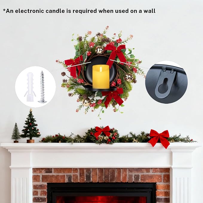 MOYEE Christmas Winter Centerpieces for Tables Candle Ring, Black Metal Candlestick with an Artificial Wreaths 14 in Versatile Dining Table Centerpiece Decor (Red Bow Pinecone Wreath)