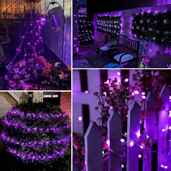 QITONG 4 Pack Solar Fairy Lights, Each 33ft 100 LED Purple Halloween String Light Outdoor Waterproof, 8 Modes Silver Wire Christmas Twinkle Mini Lights