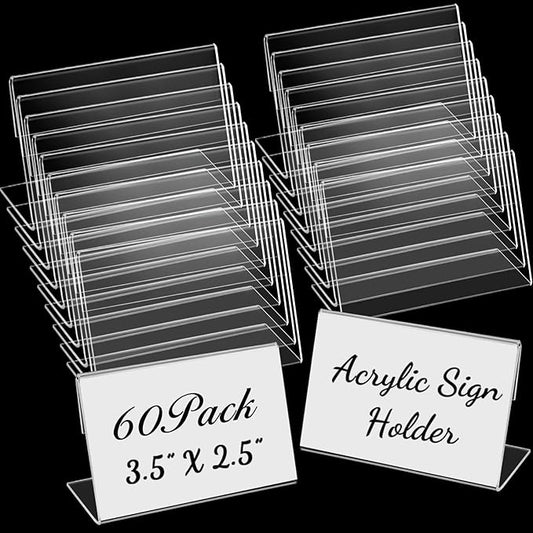 Vicenpal 3.5 x 2.5 Inches Small Acrylic Sign Holder Clear Picture Frame Acrylic Stands Back Slant Sign Holders for Party Buffet, Wedding Signs, Office, Store, Restaurant, Horizontal(60 Pcs)