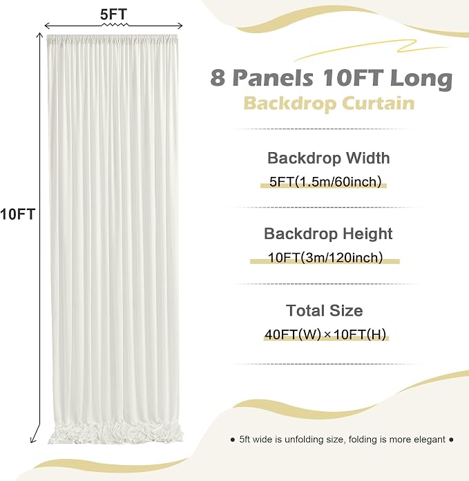 40ft x 10ft Wrinkle Free Ivory Backdrop Curtain for Parties, 8 Panels 5x10ft Silky Polyester Ivory Wedding Backdrop Drapes Photo Back Drop Cloth for Birthday Baby Shower Photography Background