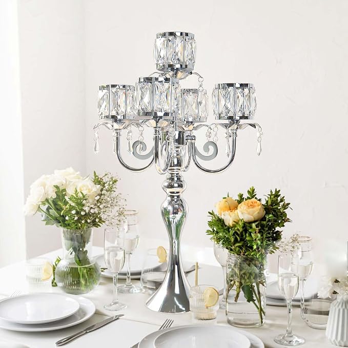 Candelabra Candle Holders, Elegant Bling Centerpiece with Pendant Crystal Table Decorations 5 Arms Candlesticks for Dining Room,22 Inches Tall (4, Silver)