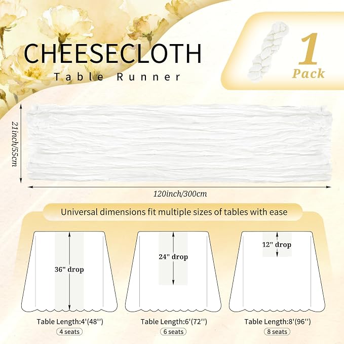 Showgeous Cheesecloth Table Runner 10FT Ivory White Table Runner Boho Gauze Cheese Cloth Table Runners Long Rustic Sheer Table Decorations for Wedding Party Baby Bridal Shower Birthday Holiday Home