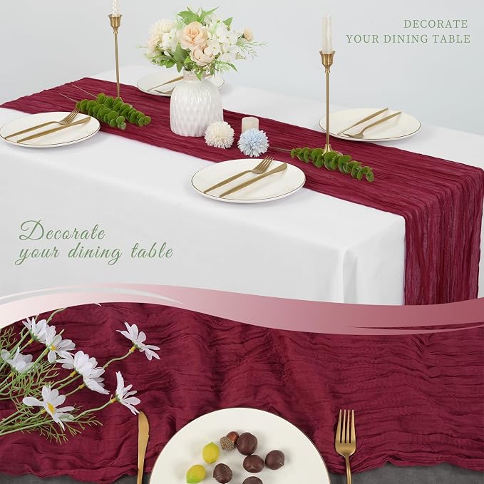 20 Pack Cheesecloth Table Runner 17 x 108 inch Long Boho Gauze Table Runners Semi Sheer Table Runner for Wedding Decor, Baby Shower, Birthday Party, Banquet (Burgundy)
