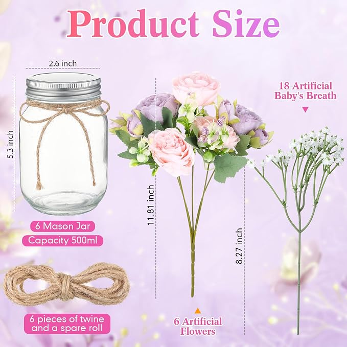 Zeyune 6 Sets Mason Jar Centerpiece Table Decorations, Artificial Peony Baby's Breath Flower Bouquets, Faux Flowers with Vase, Rustic Decor Gifts for Home, Wedding, Holiday (Purple,Pink)