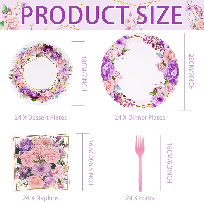 Grencian 96Pcs Spring Floral Party Supplies Pink Purple Flowers Paper Plates and Napkins Disposable Spring Floral Tableware Set for Tea Party Wedding Bridal Shower Baby Shower, Serves 24