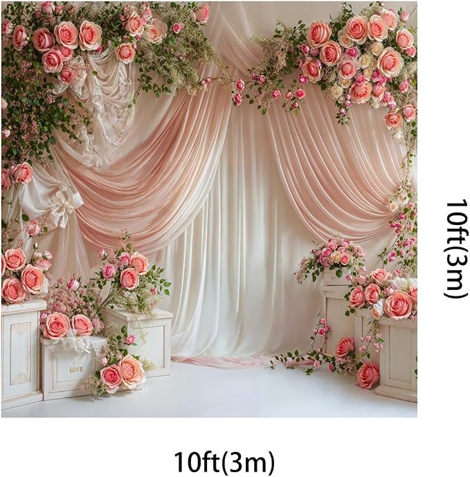 Kate 10x10ft Wedding Backdrop Curtain Pink Floral Decor for Ceremony Photography Background Romantic Bridal Shower Party Photo Booth Props with Rose Garland Drapes