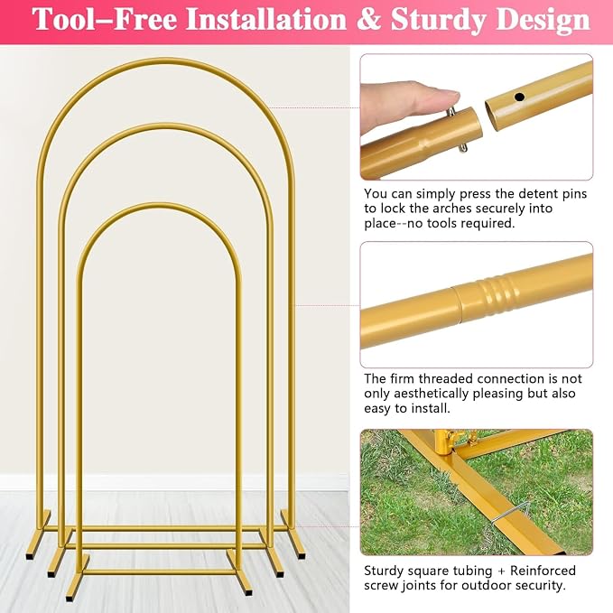 Metal Arch Backdrop Stand, Set of 3 (4ft / 5ft / 6ft) Gold Arch Backdrop with 12 Ground Nails, Stable Arched Background Stand for Wedding, Baby Shower, Birthday Party, Photography