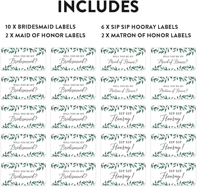Andaz Press Mini Champagne Wine Bottle Proposal Labels, Will You Be My Bridesmaid? Matron Maid of Honor?, Greenery Green Leaves, 20-Pack, Stickers