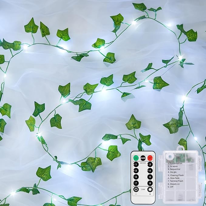 JMEXSUSS 33Ft Vines with Lights Battery Operated, 100 LED Ivy Vines with Fairy Lights Leaf with Remote for Bedroom Wall Classroom Dorm Wedding Birthday Party Decor(White)