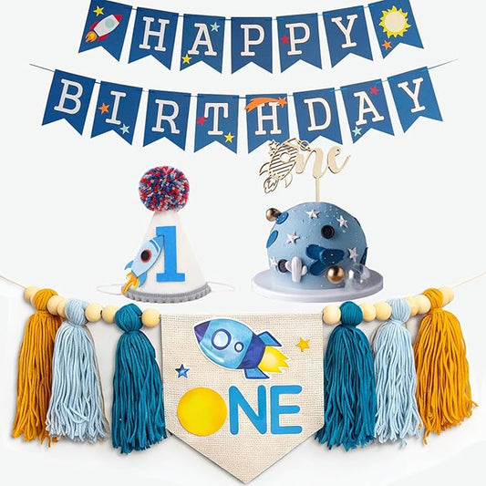 Outer Space 1st Birthday Decorations for Boys - Astronaut Happy Birthday Banner ，Rocket Space high chair banner，Spaces Cake Topper first trip around the sun decorations First Birthday Party Supplies