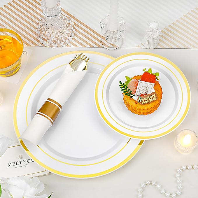 175 PCS White and Gold Plastic Dinnerware Set for 25 Guests, 50 Disposable Plates for Party, 25 Pre Rolled Napkins with Gold Silverware, 25 Cups